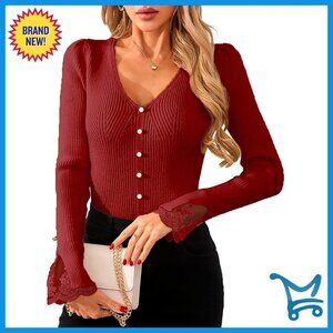 Slim V-Neck Ribbed Knit Sweater Elegant Lace Ruffle Sleeves Business Casual